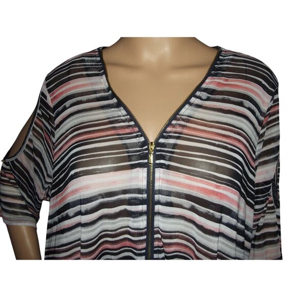Robert Louis Blouse Womens XL Cold Shoulder pink black striped v-neck mesh sheer - Picture 5 of 8